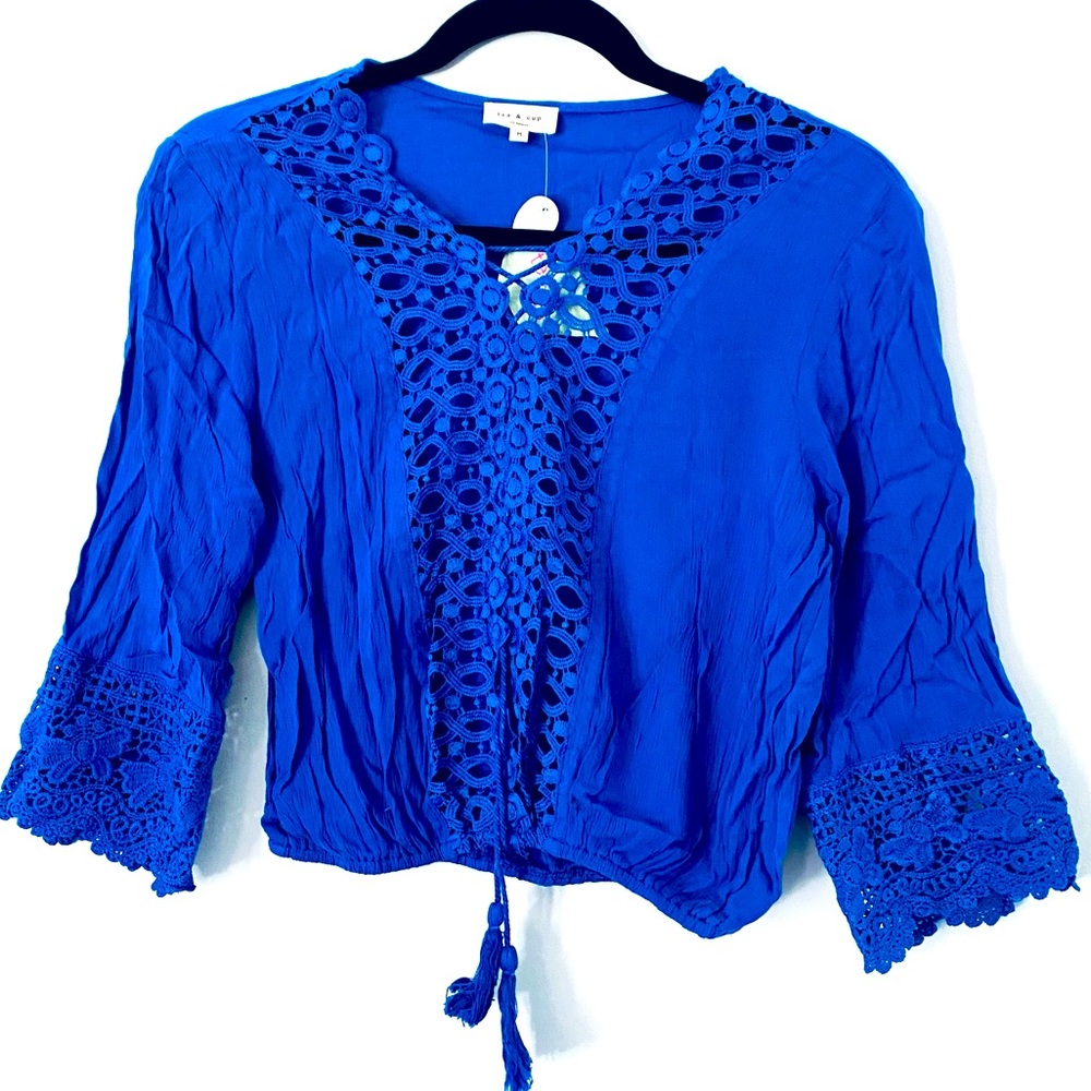 Tea & Cup Blouse Boho Crop Long Sleeve Women NWT